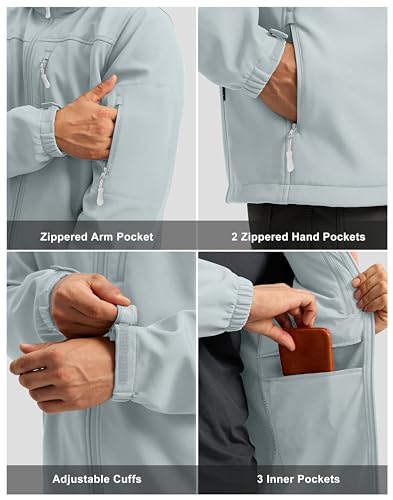 Pudolla Men's Softshell Jacket Fleece Lined Water Resistant Hooded Winter Coats for Men Outdoor Work Hiking with Pockets(Light Grey Small) - Image 2