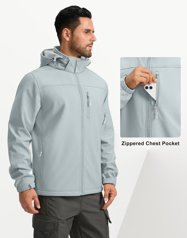 Pudolla Men's Softshell Jacket Fleece Lined Water Resistant Hooded Winter Coats for Men Outdoor Work Hiking with Pockets(Light Grey Small) - Image 4