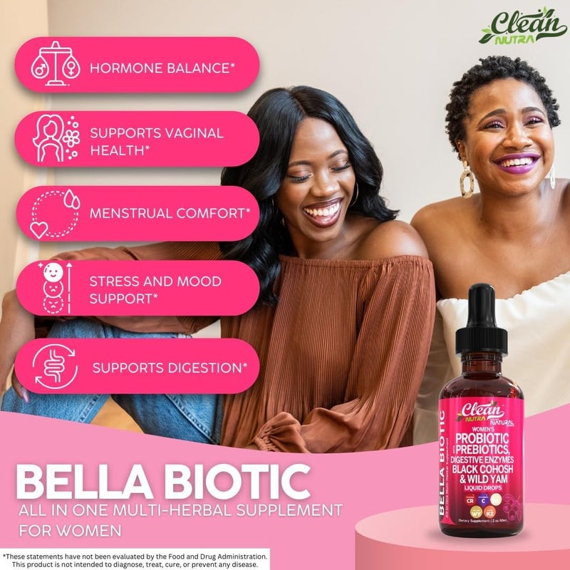 Clean Nutraceuticals Liquid Probiotics for Women Drops with Chasteberry Black Cohosh Prebiotics Digestive Enzymes Evening Primrose Oil Wild Yam Cranberry Dmannose and Iron Vitamin D3 K2 Clean Nutra Bella Biotics - Image 3