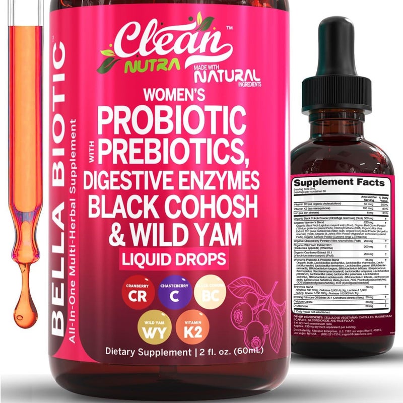 Clean Nutraceuticals Liquid Probiotics for Women Drops with Chasteberry Black Cohosh Prebiotics Digestive Enzymes Evening Primrose Oil Wild Yam Cranberry Dmannose and Iron Vitamin D3 K2 Clean Nutra Bella Biotics - Image 1