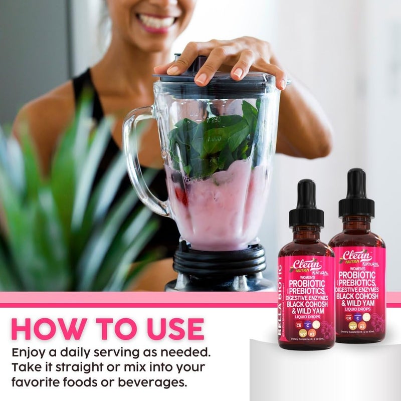 Clean Nutraceuticals Liquid Probiotics for Women Drops with Chasteberry Black Cohosh Prebiotics Digestive Enzymes Evening Primrose Oil Wild Yam Cranberry Dmannose and Iron Vitamin D3 K2 Clean Nutra Bella Biotics - Image 5