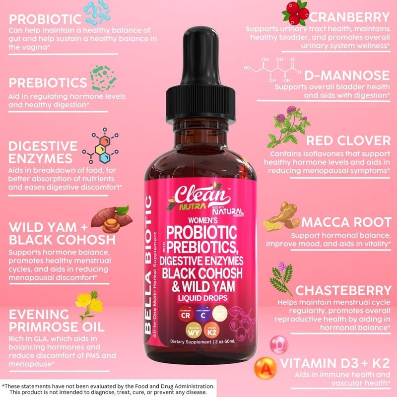 Clean Nutraceuticals Liquid Probiotics for Women Drops with Chasteberry Black Cohosh Prebiotics Digestive Enzymes Evening Primrose Oil Wild Yam Cranberry Dmannose and Iron Vitamin D3 K2 Clean Nutra Bella Biotics - Image 2