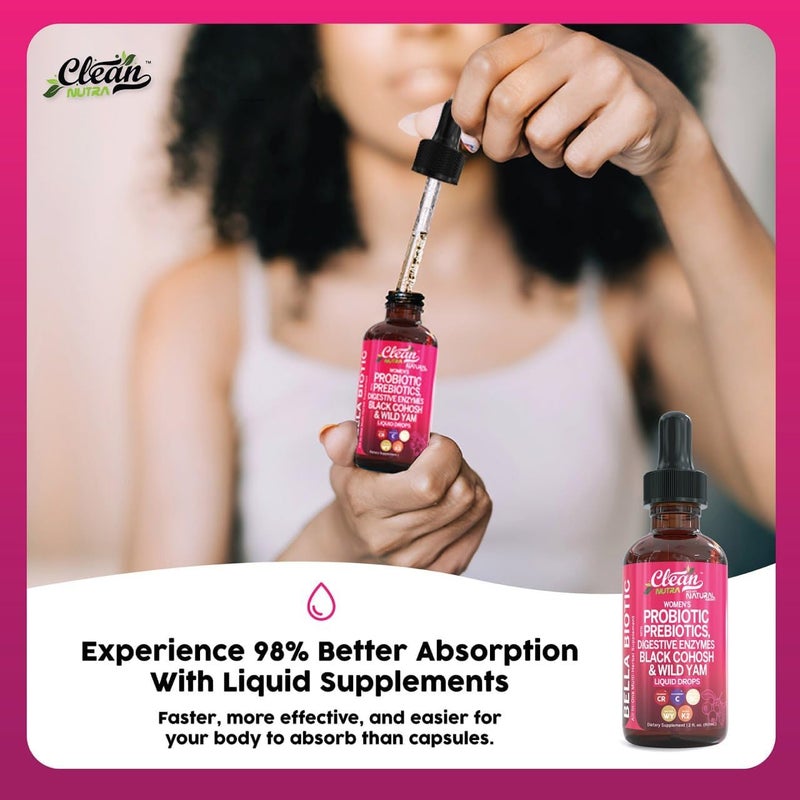 Clean Nutraceuticals Liquid Probiotics for Women Drops with Chasteberry Black Cohosh Prebiotics Digestive Enzymes Evening Primrose Oil Wild Yam Cranberry Dmannose and Iron Vitamin D3 K2 Clean Nutra Bella Biotics - Image 4