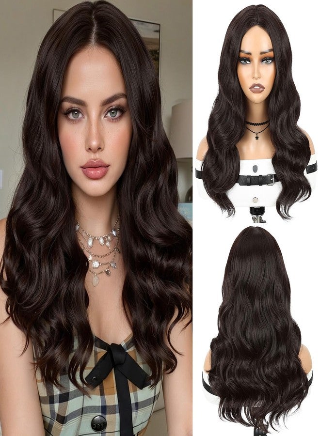 Quantum Love Long Curly Wavy Wig for Women Pre Cut Simulated Lace Wavy Wigs Dark Brown Glueless Loose Wave Wigs 18 Inch Natural Looking Synthetic Wig for Daily Party Use - Image 1