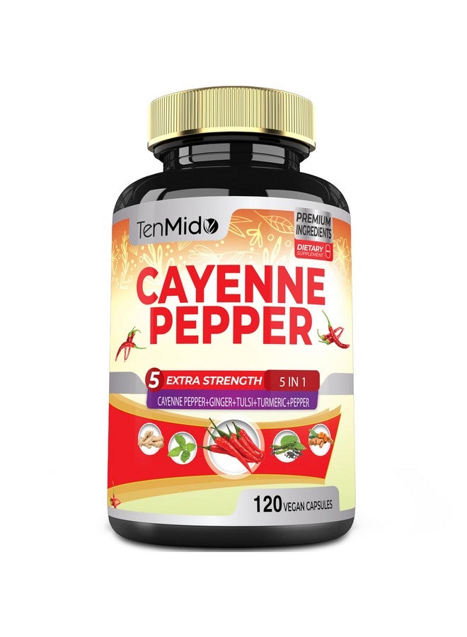 Tenmido Cayenne Pepper Supplements Extract Capsules, 4 Months Supply with Ginger, Turmeric Curcumin, Tulsi, Black Pepper - Supports Immune System, Promotes Digestive System Function - 120 Vegan Capsules - Image 1