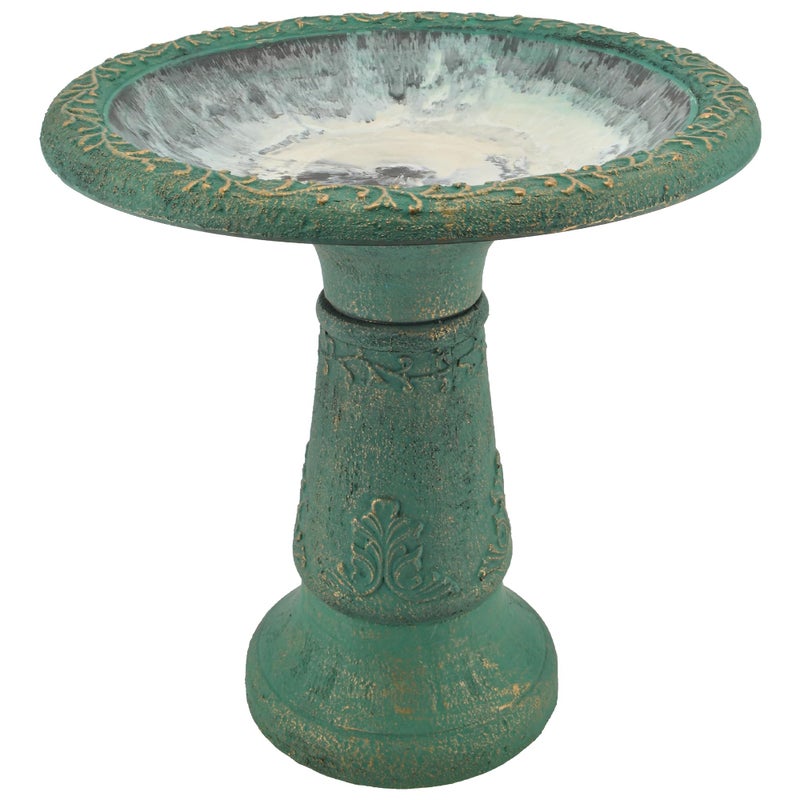 Arcadia Garden Products BB04 Fiberclay Bird Bath Outdoor Garden Decor Antique Vintage Weather Resistant Water Bowl for Backyard and Patio and 20inch Tall Green
