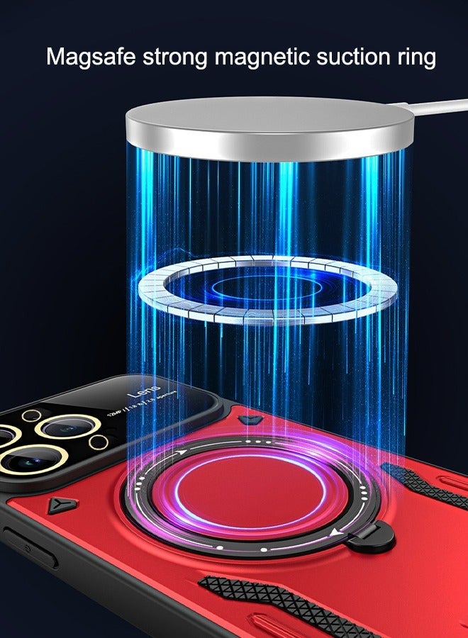 iPhone 15 Pro MagSafe Case Cover Camera Len Protector Protection with Magnetic Wireless Charging Back Invisible Ring Stand Phone Holder Kickstand Cell Comfortable Hold Shockproof Accessory Black/Red  - Image 4