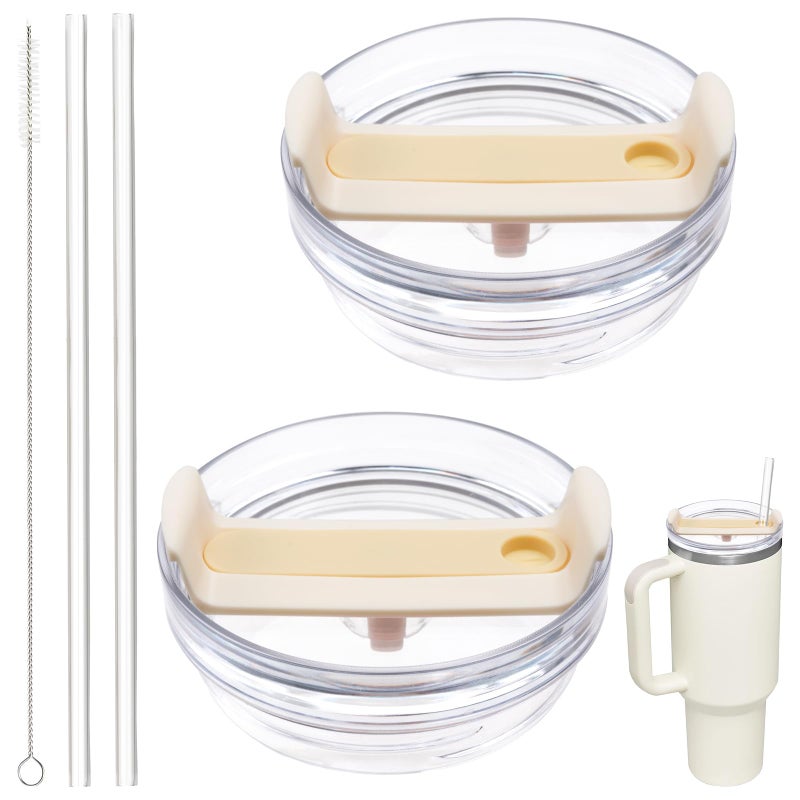 40oz Tumbler Lid Compatible for Stanley 2 Pack Replacement Tumbler Lids Fit for Stanley Quencher 20 Tumbler 40 OZ with Straws and Cleaning Brush Cream