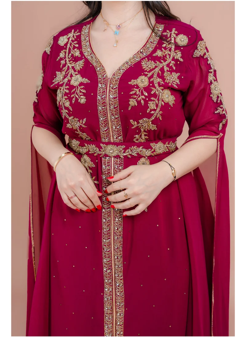 IKKXA Belted Elegant 2-Piece Kaftan IKS504 Burgundy