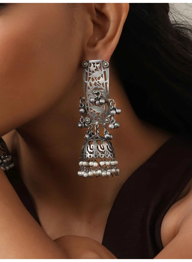 trueBrowns trueBrowns Silver Tone Floral Jhumka Earrings