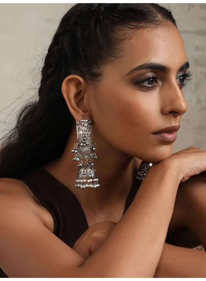 trueBrowns trueBrowns Silver Tone Floral Jhumka Earrings