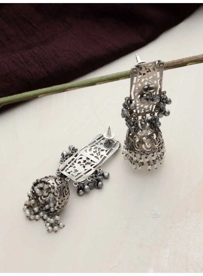 trueBrowns trueBrowns Silver Tone Floral Jhumka Earrings