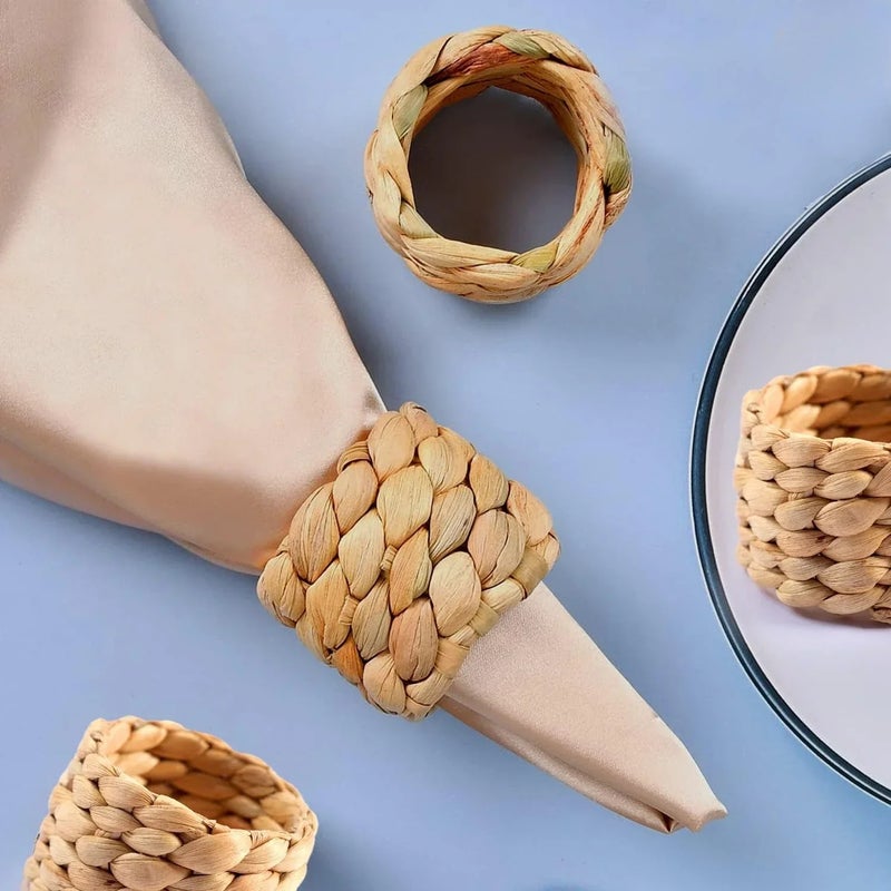 12PCS Handmade Water Hyacinth Napkin Rings Eco-Friendly Grass Woven Napkin Holders Perfect for Weddings Table Settings - Image 3