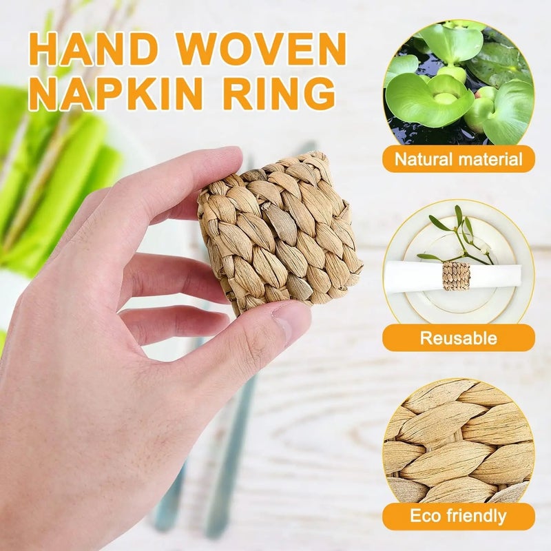 12PCS Handmade Water Hyacinth Napkin Rings Eco-Friendly Grass Woven Napkin Holders Perfect for Weddings Table Settings - Image 2