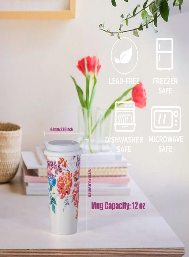 fMSDD Ceramic Coffee Travel Mug 12 Oz with Lid Spill & Leak Proof, Double-wall Insulated Travel Coffee Mugs Watercolor Peonies Pattern, Gift for Her on Christmas Birthday Mothers Day, White & Pink Flower - Image 2