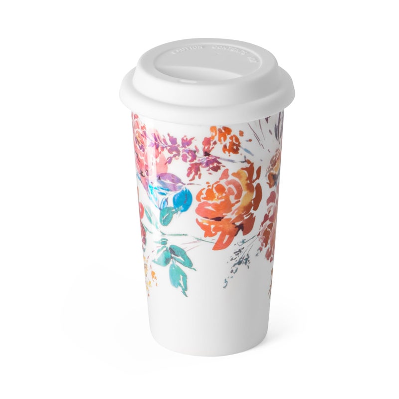 fMSDD Ceramic Coffee Travel Mug 12 Oz with Lid Spill & Leak Proof, Double-wall Insulated Travel Coffee Mugs Watercolor Peonies Pattern, Gift for Her on Christmas Birthday Mothers Day, White & Pink Flower - Image 1