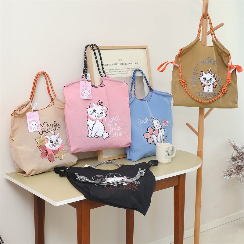 Mary Cat Cartoon Embroidered Nylon Shopping Bag – Medium Casual Underarm Bag for Women - Image 2