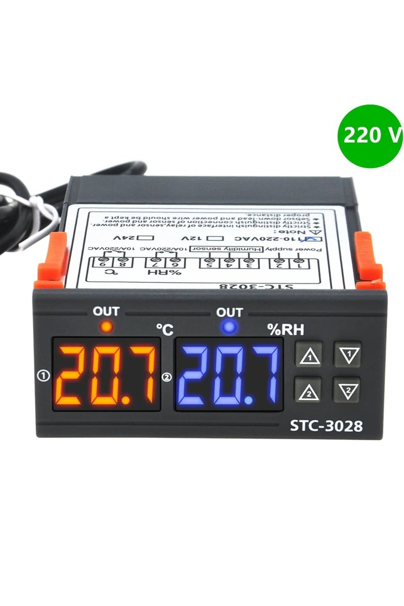 منظم حرارة رقمي مزدوج W1026 STC-3028 للتحكم في درجة الحرارة والرطوبة