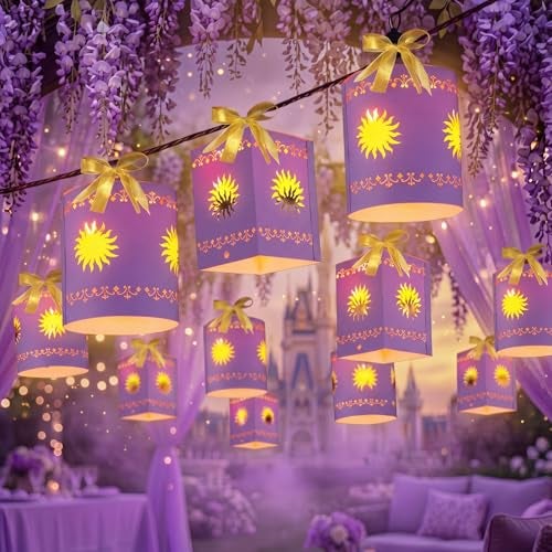 Beeveer 20 Pack Princess Sun Hanging Lanterns DIY Set Purple Princess Hanging Paper Lanterns Purple Sun Cutout Square Round Decorations for Birthday Party Light String Not IncludedVivid Color - Image 1