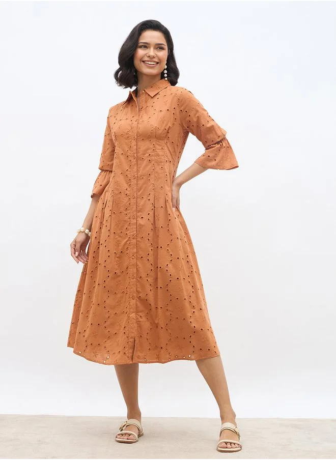 ستايلي Styli Schiffli 3/4 Sleeve Shirt Midi Dress