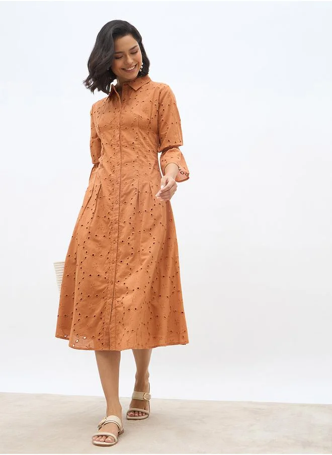ستايلي Styli Schiffli 3/4 Sleeve Shirt Midi Dress