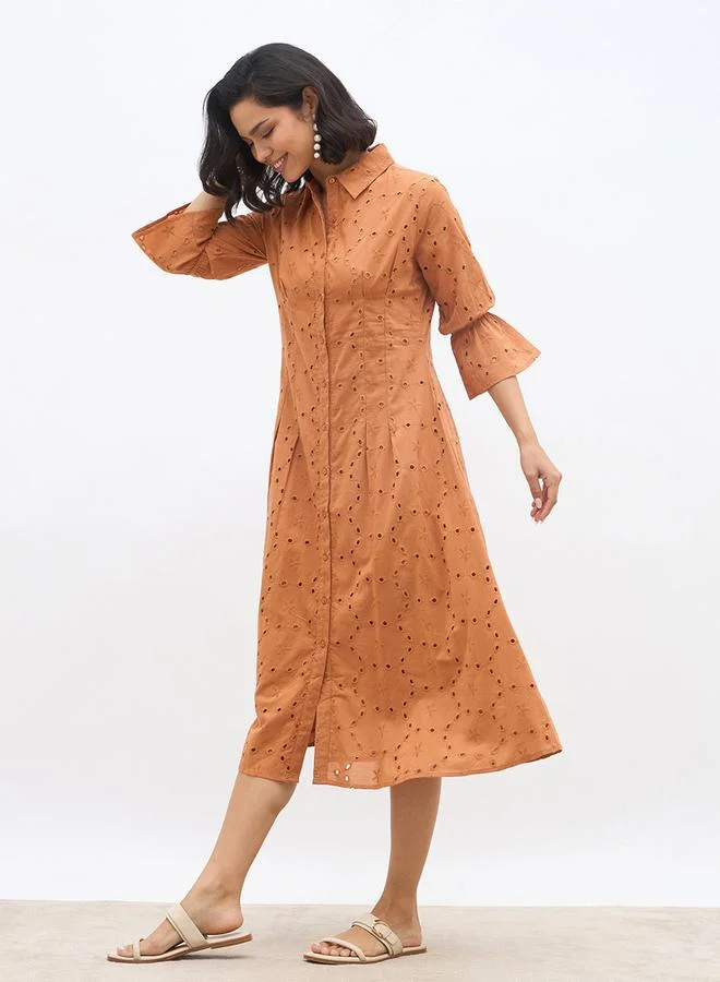 Styli Styli Schiffli 3/4 Sleeve Shirt Midi Dress