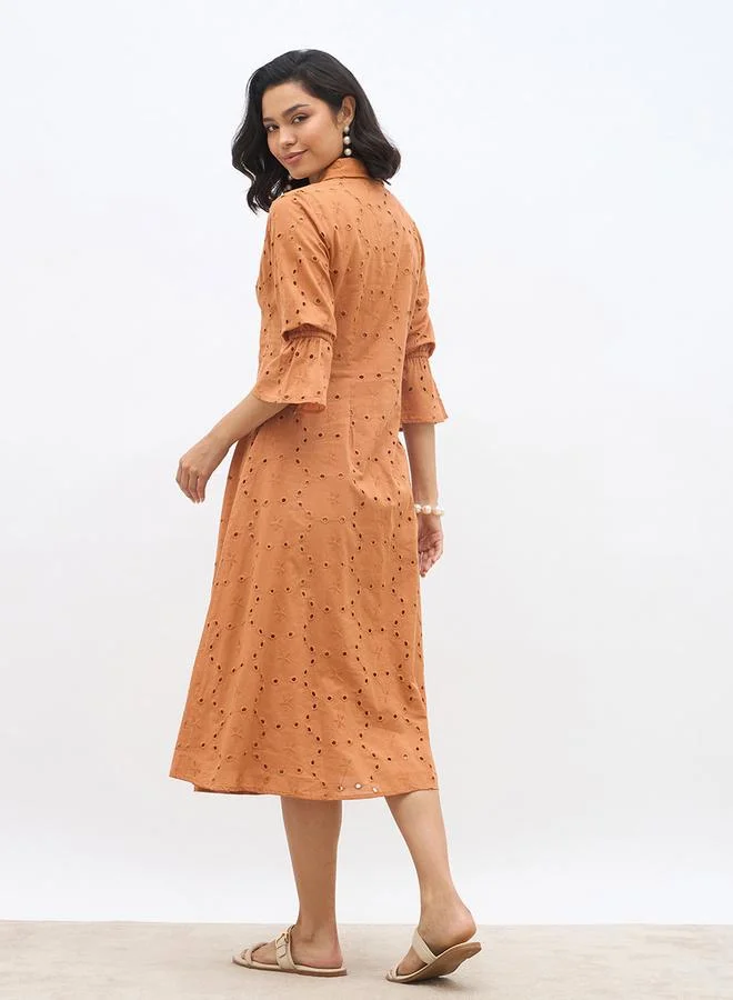 Styli Styli Schiffli 3/4 Sleeve Shirt Midi Dress