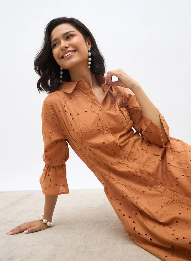 Styli Styli Schiffli 3/4 Sleeve Shirt Midi Dress