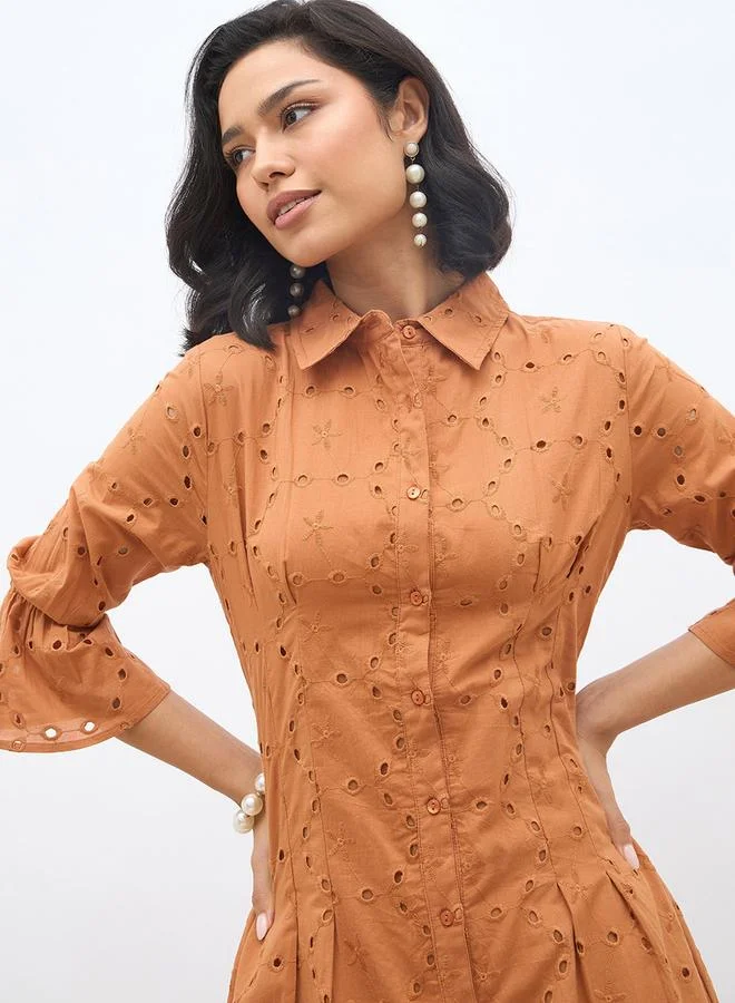 Styli Styli Schiffli 3/4 Sleeve Shirt Midi Dress