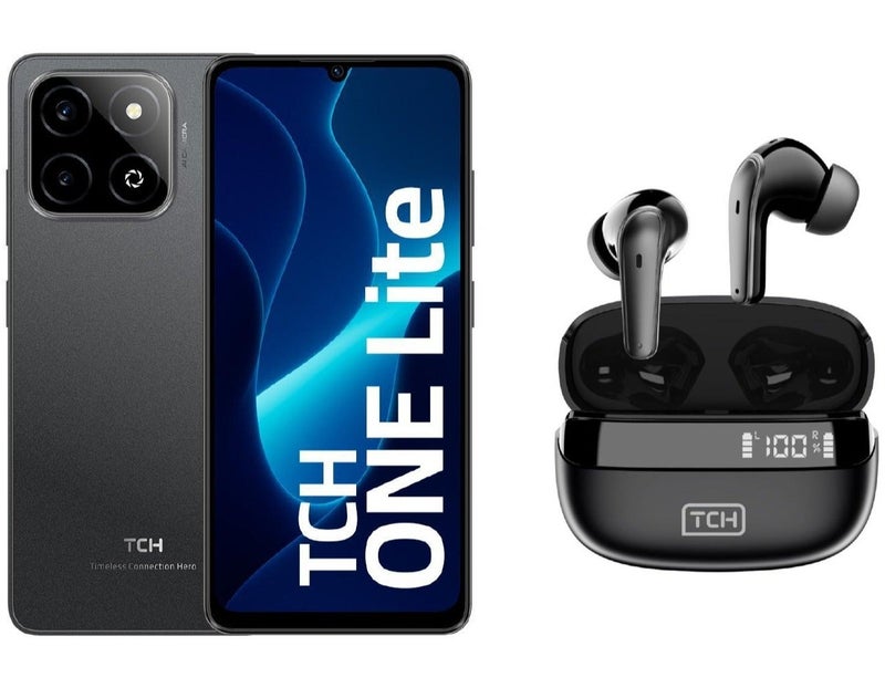 تي سي اج هاتف TCH One Lite سعة 4GB RAM و64GB لون أسود (نسخة الإمارات) مع سماعات TCH L10 اللاسلكية لون أسود | مدة تشغيل 30 ساعة، تقنية ENC، بلوتوث 5.3 (نسخة عالمية) - Image 1