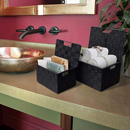 Sorbus Set of 3 Black Woven Storage Baskets with Lids – Mesh Hand-Woven Bins for Closet, Shelf, and Linen Organization – Variety Pack - Image 4