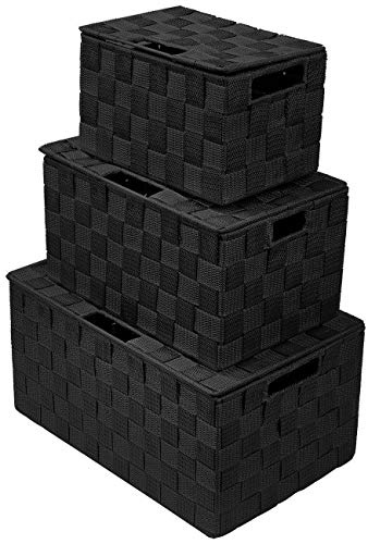 Sorbus Set of 3 Black Woven Storage Baskets with Lids – Mesh Hand-Woven Bins for Closet, Shelf, and Linen Organization – Variety Pack - Image 5