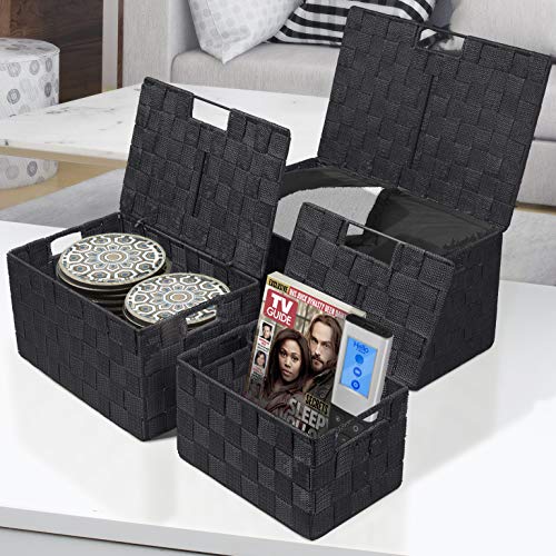 Sorbus Set of 3 Black Woven Storage Baskets with Lids – Mesh Hand-Woven Bins for Closet, Shelf, and Linen Organization – Variety Pack - Image 2