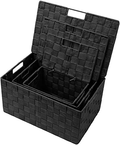 Sorbus Set of 3 Black Woven Storage Baskets with Lids – Mesh Hand-Woven Bins for Closet, Shelf, and Linen Organization – Variety Pack - Image 3