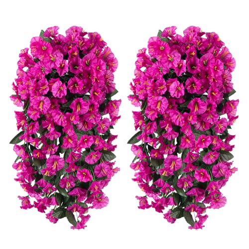 florisso Fake Flowers for Outdoor Spring Decoration 2 Bundles Artificial Silk Fuchsia UV Resistant Lifelike Morning Glory Long Trailing Vines for Hanging Planter Porch Patio Decor - Image 3