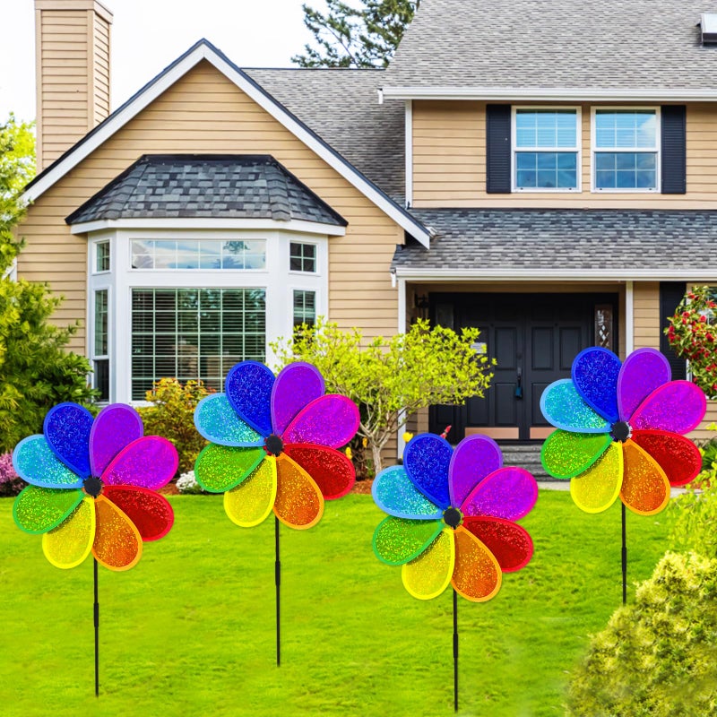 timecity 4PCS Flower Wind Spinner Sparkly Lawn Pinwheel 11.8 inch Colorful Rainbow Garden Windmill for Garden, Party, Outdoor, Yard Decor - Image 4