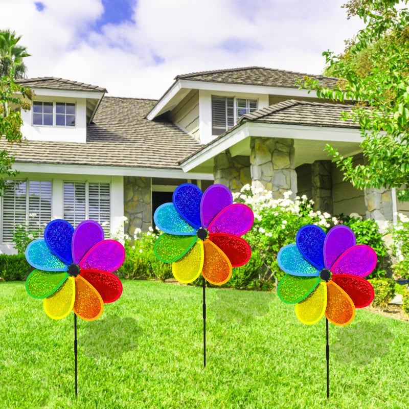 timecity 4PCS Flower Wind Spinner Sparkly Lawn Pinwheel 11.8 inch Colorful Rainbow Garden Windmill for Garden, Party, Outdoor, Yard Decor - Image 5
