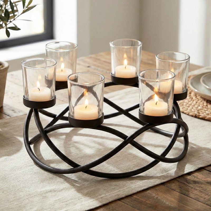 Seraphic Iron Round Table Decor Centerpiece Decorations Candle Holder for Weddings, Outdoor Patio, Kitchen, Dining Room, and Coffee Tables, Glass Votive Tealight Holders, Black, 6 Clear Cups - Image 1