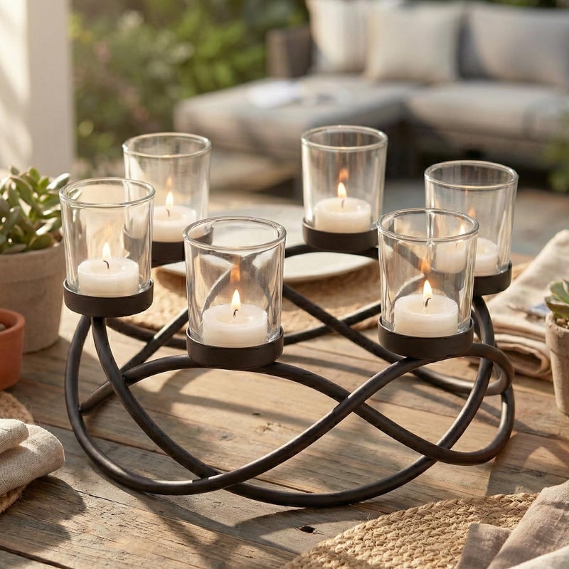 Seraphic Iron Round Table Decor Centerpiece Decorations Candle Holder for Weddings, Outdoor Patio, Kitchen, Dining Room, and Coffee Tables, Glass Votive Tealight Holders, Black, 6 Clear Cups - Image 2