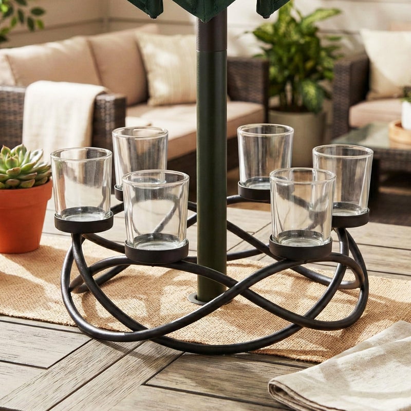 Seraphic Iron Round Table Decor Centerpiece Decorations Candle Holder for Weddings, Outdoor Patio, Kitchen, Dining Room, and Coffee Tables, Glass Votive Tealight Holders, Black, 6 Clear Cups - Image 3