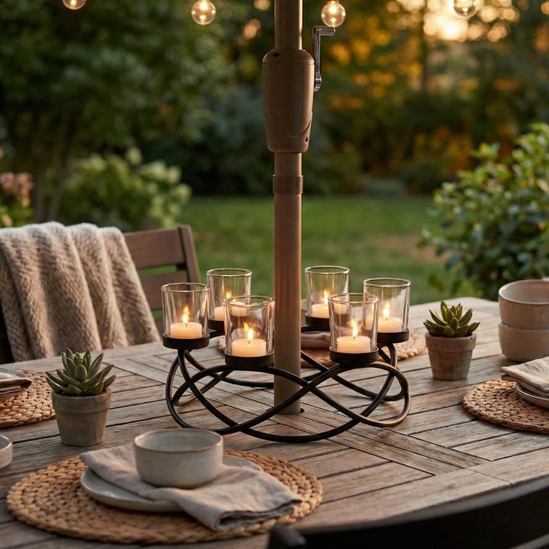 Seraphic Iron Round Table Decor Centerpiece Decorations Candle Holder for Weddings, Outdoor Patio, Kitchen, Dining Room, and Coffee Tables, Glass Votive Tealight Holders, Black, 6 Clear Cups - Image 4