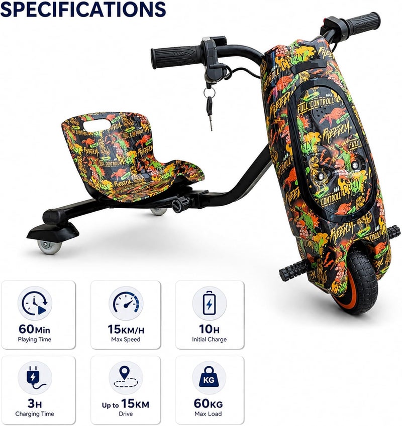 MyToys 36V Electric Drift Scooter for Kids Ages 4+ - 250W Brushless Motor Ride-On Tricycle with Bluetooth Speaker and LED Lights - Image 4