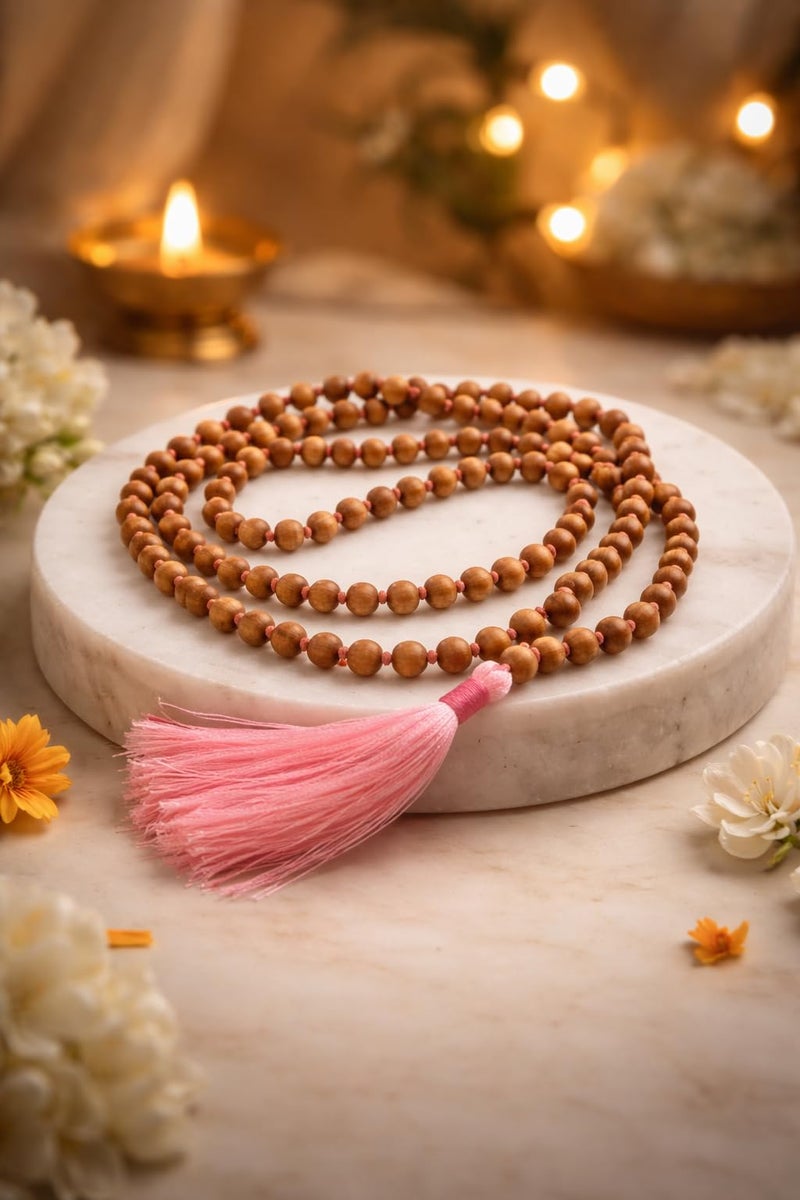 RDK Handcrafted Original White Sandalwood Mala 108+1 Beads | Safed Chandan Knotted Jaapmala | 8 MM Wooden Prayer Beads Rosary for Meditation, Pooja, Mantra Chanting & Spiritual Jewelry - Image 2