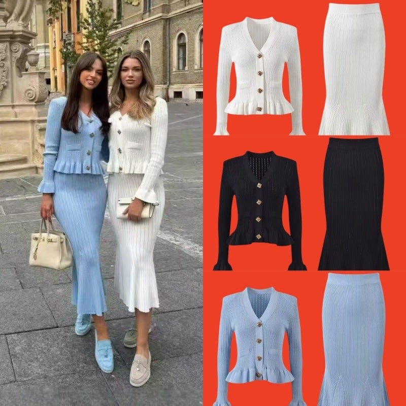 2026 Autumn Winter Women's Knitted Dress Set with Slim Fit Flared Sleeve A-Line Long Skirt - Image 1