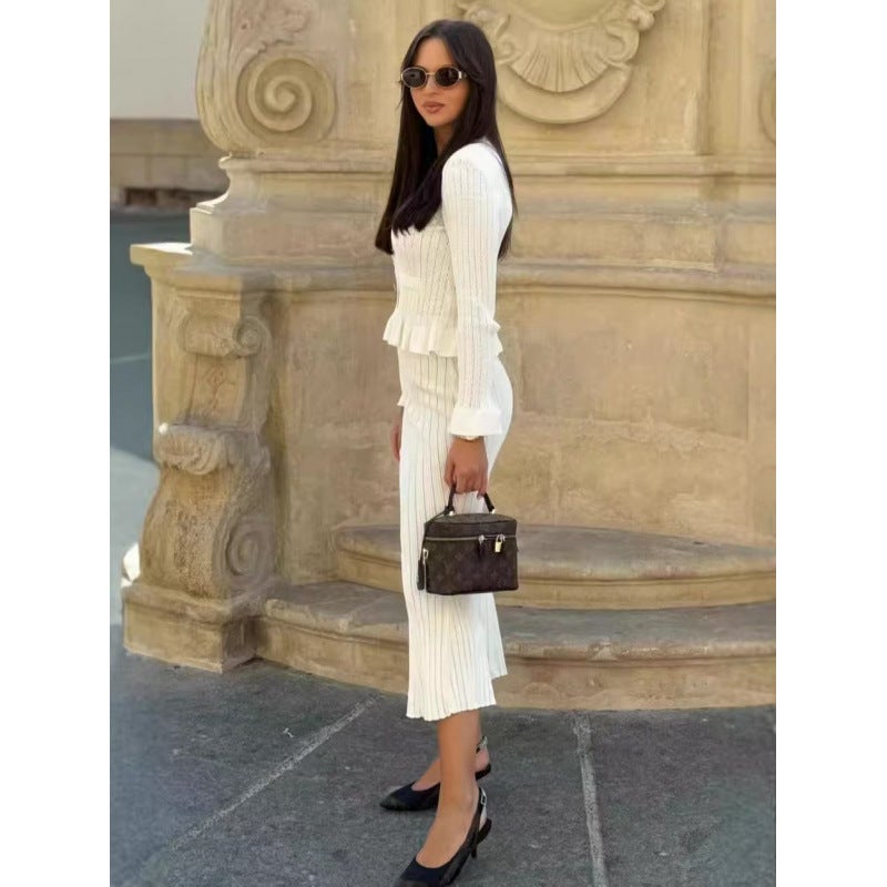 2026 Autumn Winter Women's Knitted Dress Set with Slim Fit Flared Sleeve A-Line Long Skirt - Image 4
