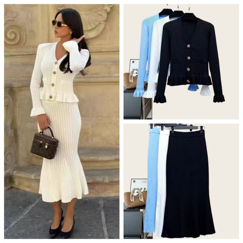2026 Autumn Winter Women's Knitted Dress Set with Slim Fit Flared Sleeve A-Line Long Skirt - Image 2