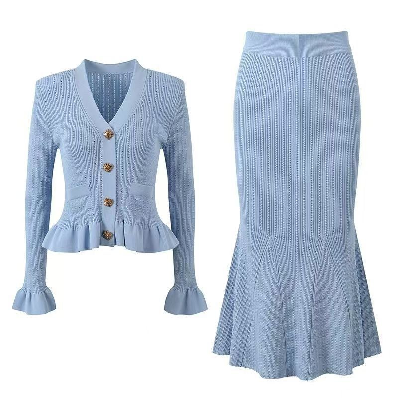 2026 Autumn Winter Women's Knitted Dress Set with Slim Fit Flared Sleeve A-Line Long Skirt - Image 5