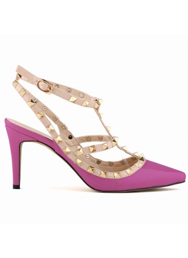 Loquat Pointed Toe Riveted Contrast Cut-Out Stiletto Heels 8cm Purple  - Image 1