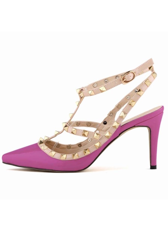 Loquat Pointed Toe Riveted Contrast Cut-Out Stiletto Heels 8cm Purple  - Image 2