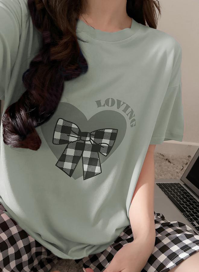 Take Two Heart Print Round Neck T-Shirt and Checked Shorts Set - Image 1